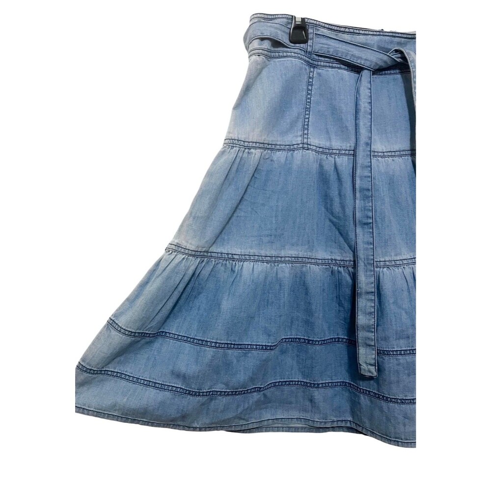 SUNDANCE Tiered Blue Denim Chambray Skirt Country Side Villa Boho Flare Size 12P - Picture 3 of 6